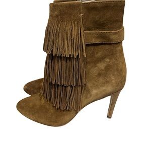 Via Spiga Tan Suede Fringe Heeled Boots